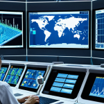 **Image Prompt:** A futuristic water distribution network control room. Displays show real-time data from sensors throughout the water grid. AI algorithms analyze the information, identifying leaks and optimizing water pressure. Engineers monitor the system, ensuring efficient and sustainable water usage. Focus on modern technology and data visualization.